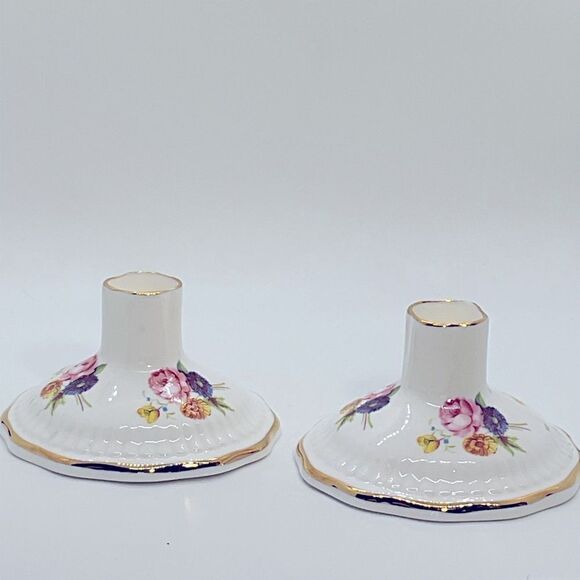 Vintage Royal Adderly Floral Porcelain Candle Holders with Gold Trim - Picture 1 of 8